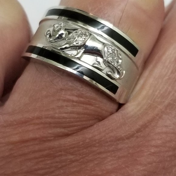 Men 14k White Gold Leopard Cat Enamel Diamond Ring